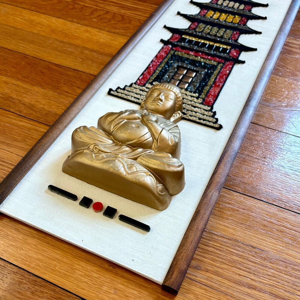 Vintage Asian Pagoda Buddha Gravel Art Wall Panel 24